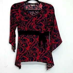🌞 MKM Designs Vintage 90s red & black v-neck waist tie faux belt front women S